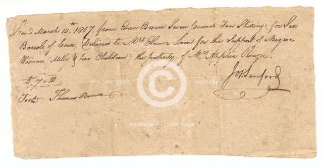 Payment receipt for loan of Milly and her children, owned by Apphia Rouzee, March 14, 1807. Creator: Unknown.