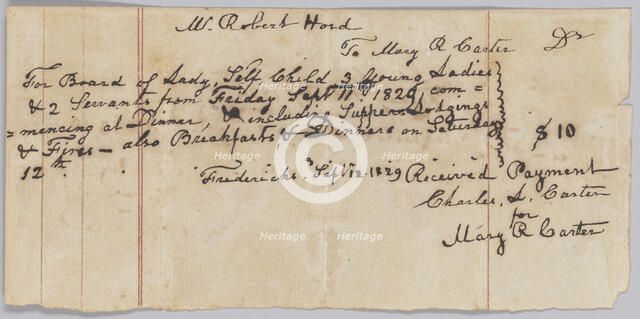 Payment receipt for room and board provided by Mary R. Carter, September 12, 1829. Creator: Unknown.