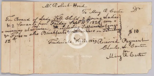 Payment receipt for room and board provided by Mary R. Carter, September 12, 1829. Creator: Unknown.
