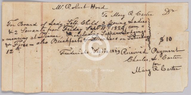 Payment receipt for room and board provided by Mary R. Carter, September 12, 1829. Creator: Unknown.