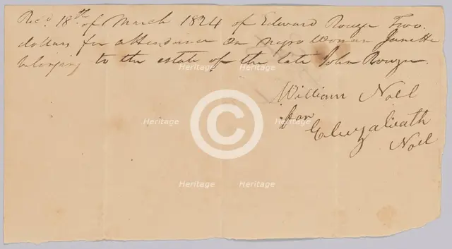 Payment receipt to Eliza Noel for "attendance on a negro woman named Janet", March 18, 1824. Creator: Unknown.