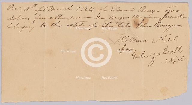 Payment receipt to Eliza Noel for "attendance on a negro woman named Janet", March 18, 1824. Creator: Unknown.