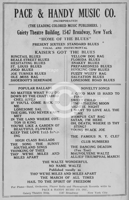 Pace & Handy Music Co. [Incorporated]; [The leading Colored music publishers]..., 1918-1922. Creator: Unknown.