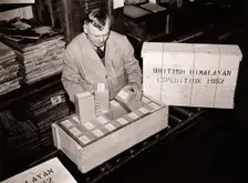 Packing Rowntree provisions for the British Himalayan Expedition, York, Yorkshire, 1952