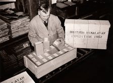 Packing Rowntree provisions for the British Himalayan Expedition, York, Yorkshire, 1952