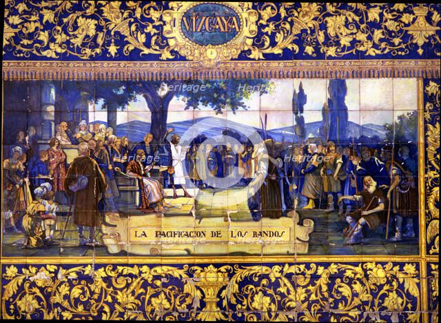 Pacification of Gamboino and Oñacino sides, before the magistrate Gonzalo Moro (1394), tile panel.