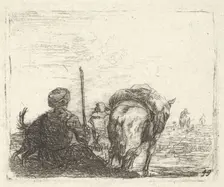 Pack-horse, seated man with staff in right hand, and dog, all viewed from the rear..., ca. 1641-78. Creator: Karel Du Jardin