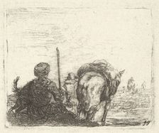Pack-horse, seated man with staff in right hand, and dog, all viewed from the rear..., ca. 1641-78. Creator: Karel Du Jardin