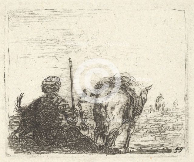 Pack-horse, seated man with staff in right hand, and dog, all viewed from the rear..., ca. 1641-78. Creator: Karel Du Jardin.