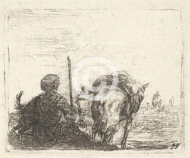 Pack-horse, seated man with staff in right hand, and dog, all viewed from the rear..., ca. 1641-78. Creator: Karel Du Jardin.