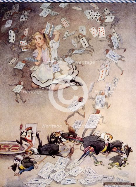 Pack of cards falling on Alice, Alice's Adventures in Wonderland, 1922. Creator: Gwynedd M Hudson.