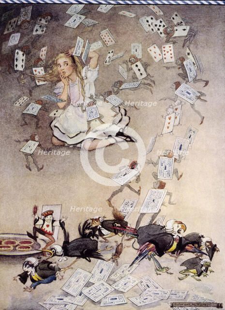 Pack of cards falling on Alice, Alice's Adventures in Wonderland, 1922. Creator: Gwynedd M Hudson.