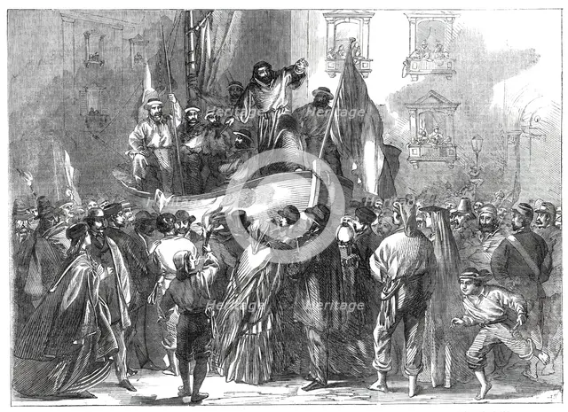 Padre Giovanni addressing the people in front of the Jesuits' College, Naples..., 1860. Creator: Unknown.