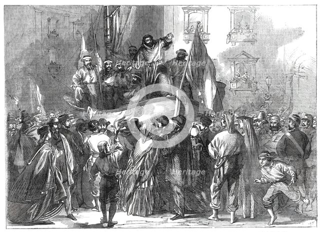Padre Giovanni addressing the people in front of the Jesuits' College, Naples..., 1860. Creator: Unknown.