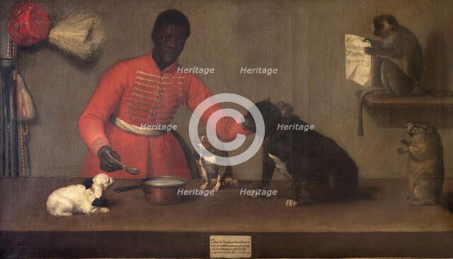 Page with three dogs, a marmot and a monkey, end of 17th - Early 18th century. Creator: Unknown artist.