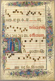 Page from a Choirbook with Christ and a Pharisee in a Historiated Initial "D", 1430/90. Creator: Master of the Cypresses