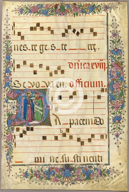 Page from a Choirbook with Christ and a Pharisee in a Historiated Initial "D", 1430/90. Creator: Master of the Cypresses.