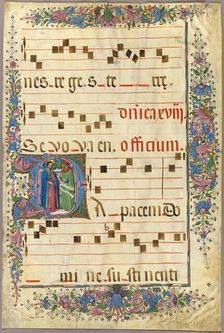 Page from a Choirbook with Christ and a Pharisee in a Historiated Initial "D", 1430/90. Creator: Master of the Cypresses