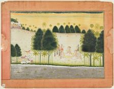 Page from a Bhagavata Purana: Nanda and the elders in council with the gopas, c. 1690-1700. Creator: Unknown