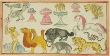 Page from a Manuscript with Images of Auspicious Animals and Offerings, Mongolia, 19th century. Creator: Unknown