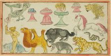 Page from a Manuscript with Images of Auspicious Animals and Offerings, Mongolia, 19th century. Creator: Unknown