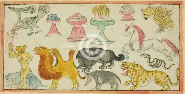 Page from a Manuscript with Images of Auspicious Animals and Offerings, Mongolia, 19th century. Creator: Unknown.