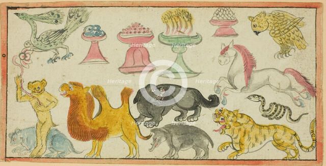 Page from a Manuscript with Images of Auspicious Animals and Offerings, Mongolia, 19th century. Creator: Unknown.