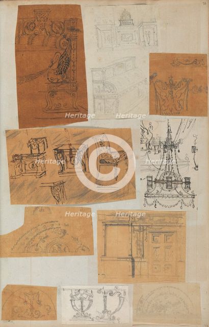 Page from a Scrapbook containing Drawings and Several Prints of Architecture, Int..., ca. 1800-1850. Creators: Workshop of Charles Percier, Workshop of Pierre François Léonard Fontaine.