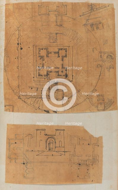 Page from a Scrapbook containing Drawings and Several Prints of Architecture, Int..., ca. 1800-1850. Creators: Workshop of Charles Percier, Workshop of Pierre François Léonard Fontaine.