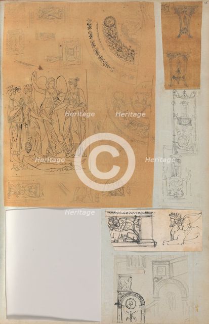 Page from a Scrapbook containing Drawings and Several Prints of Architecture, Int..., ca. 1800-1850. Creators: Workshop of Charles Percier, Workshop of Pierre François Léonard Fontaine.