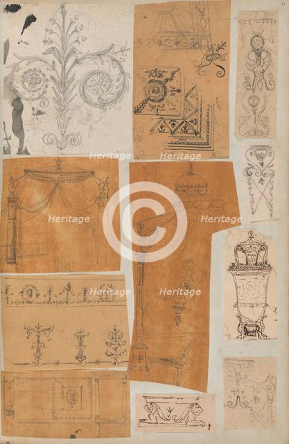 Page from a Scrapbook containing Drawings and Several Prints of Architecture, Int..., ca. 1800-1850. Creators: Workshop of Charles Percier, Workshop of Pierre François Léonard Fontaine.