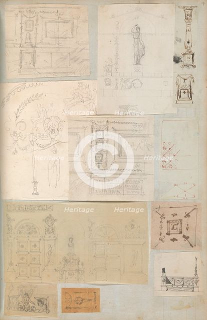 Page from a Scrapbook containing Drawings and Several Prints of Architecture, Int..., ca. 1800-1850. Creators: Workshop of Charles Percier, Workshop of Pierre François Léonard Fontaine.