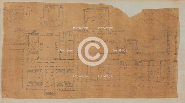 Page from a Scrapbook containing Drawings and Several Prints of Architecture, Int..., ca. 1800-1850. Creators: Workshop of Charles Percier, Workshop of Pierre François Léonard Fontaine.