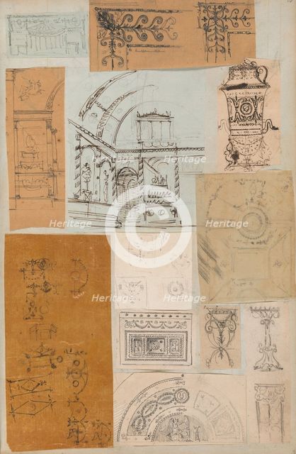 Page from a Scrapbook containing Drawings and Several Prints of Architecture, Int..., ca. 1800-1850. Creators: Workshop of Charles Percier, Workshop of Pierre François Léonard Fontaine.