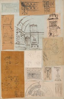 Page from a Scrapbook containing Drawings and Several Prints of Architecture, Int..., ca. 1800-1850. Creators: Workshop of Charles Percier, Workshop of Pierre François Léonard Fontaine