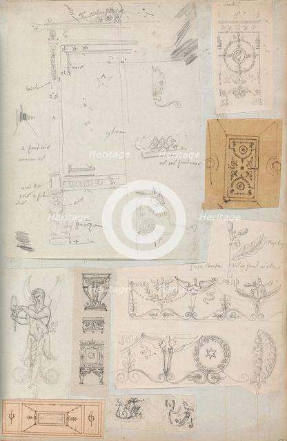 Page from a Scrapbook containing Drawings and Several Prints of Architecture, Int..., ca. 1800-1850. Creators: Workshop of Charles Percier, Workshop of Pierre François Léonard Fontaine.