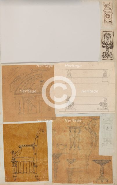 Page from a Scrapbook containing Drawings and Several Prints of Architecture, Int..., ca. 1800-1850. Creators: Workshop of Charles Percier, Workshop of Pierre François Léonard Fontaine.