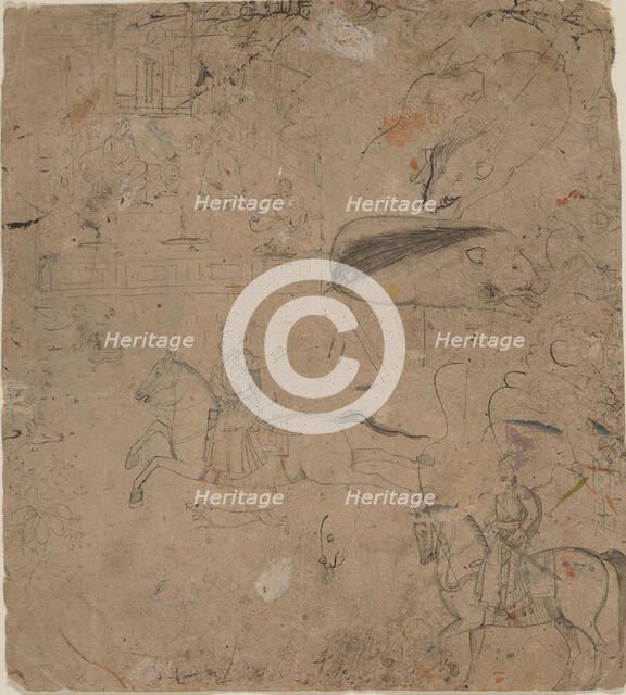 Page from a Sketchbook Showing Rulers on Horseback, Boars, and a Palace Scene, late 18th century. Creators: Pandit Seu, Manaku.