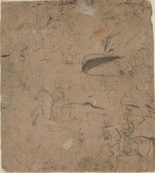 Page from a Sketchbook Showing Rulers on Horseback, Boars, and a Palace Scene, late 18th century. Creators: Pandit Seu, Manaku