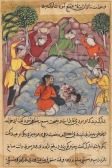 Page from Tales of a Parrot (Tuti-nama): The Raja’s daughter and her lover stoned..., c. 1560. Creator: Unknown