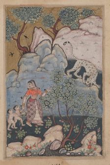 Page from Tales of a Parrot (Tuti-nama): Thirtieth night: A woman with two children..., c. 1560. Creator: Unknown