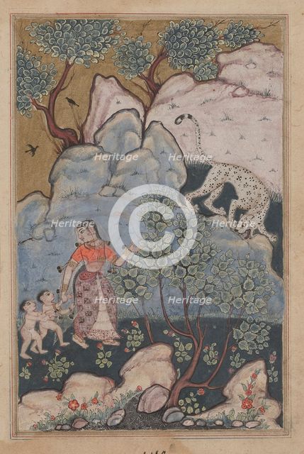 Page from Tales of a Parrot (Tuti-nama): Thirtieth night: A woman with two children..., c. 1560. Creator: Unknown.