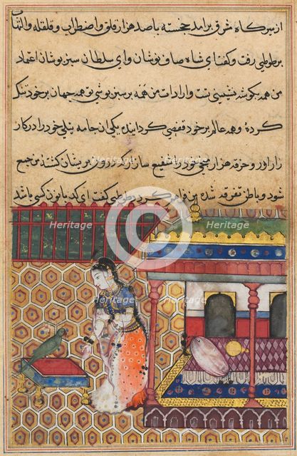 Page from Tales of a Parrot (Tuti-nama): Thirty-eight night: The parrot addresses Khujasta…,c1560. Creator: Unknown.
