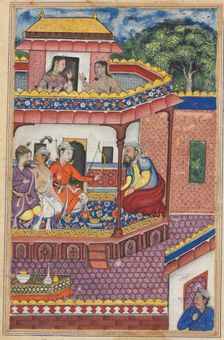 Page from Tales of a Parrot (Tuti-nama): Thirty-fourth night: The three young men..., c. 1560. Creator: Unknown