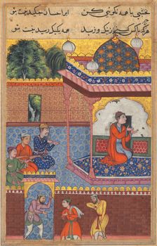 Page from Tales of a Parrot (Tuti-nama): Thirty-second night: Kaiwan, Latif, and Sharif..., c. 1560. Creator: Unknown