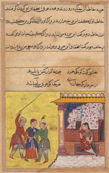 Page from Tales of a Parrot (Tuti-nama): Twentieth night: The three suitors again begin…, c. 1560. Creator: Unknown