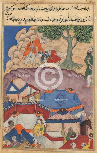 Page from Tales of a Parrot (Tuti-nama): Twenty-fourth night: Habbaza meets Bashir…, c. 1560. Creator: Unknown.