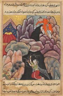Page from Tales of a Parrot (Tuti-nama): Twenty-fifth night: Mukhtar throws his wife..., c. 1560. Creator: Unknown