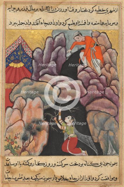 Page from Tales of a Parrot (Tuti-nama): Twenty-fifth night: Mukhtar throws his wife..., c. 1560. Creator: Unknown.
