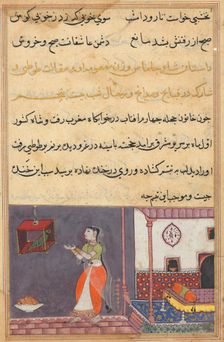 Page from Tales of a Parrot (Tuti-nama): Twenty-fifth night: The parrot addresses Khujasta..., c1560 Creator: Unknown